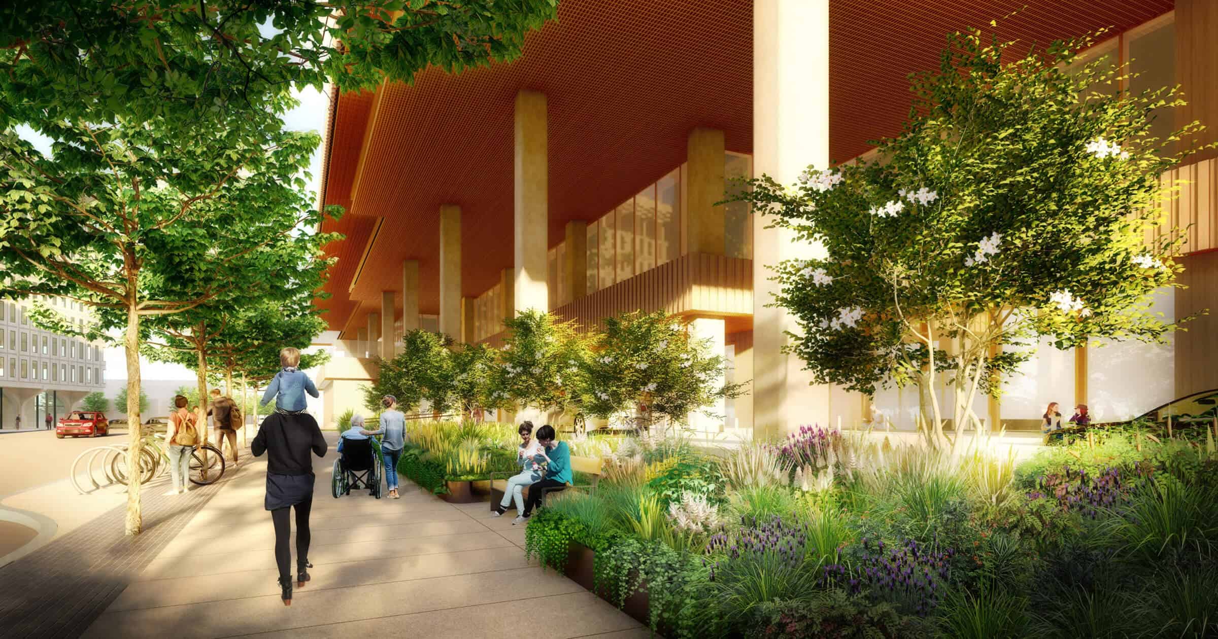 walkway at hospital surrounded by greenery