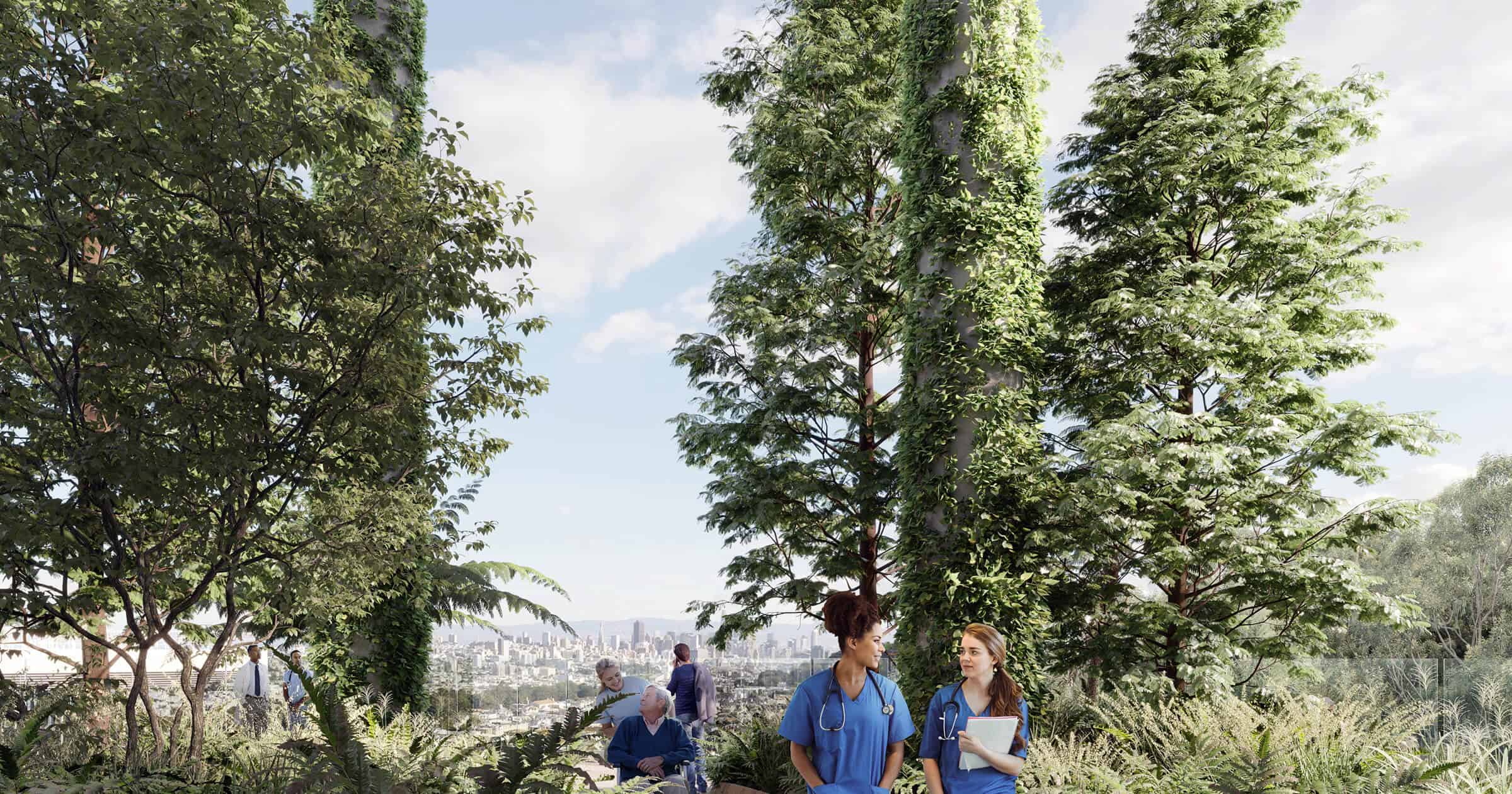 rendering of doctors standing in front of trees overlooking valley