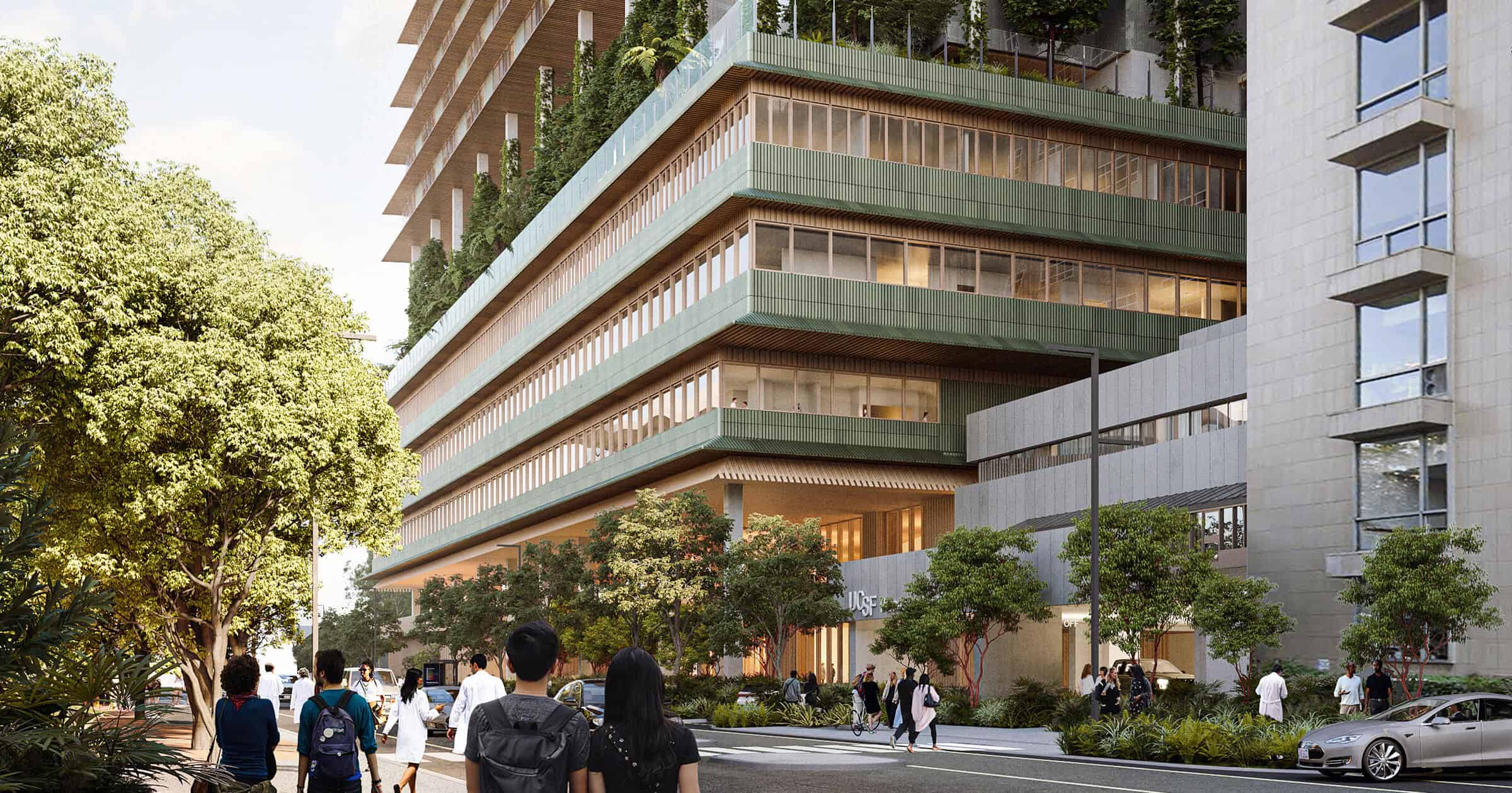 rendering of new building from street view with pedestrians nearby