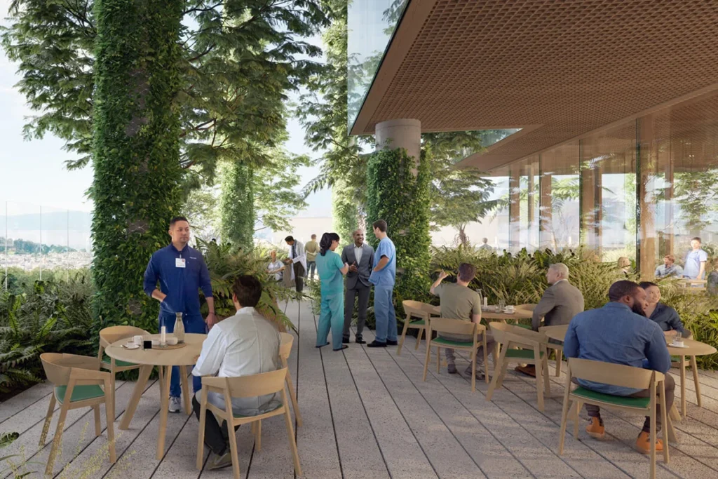 rendering of guests sitting at tables outside hospital
